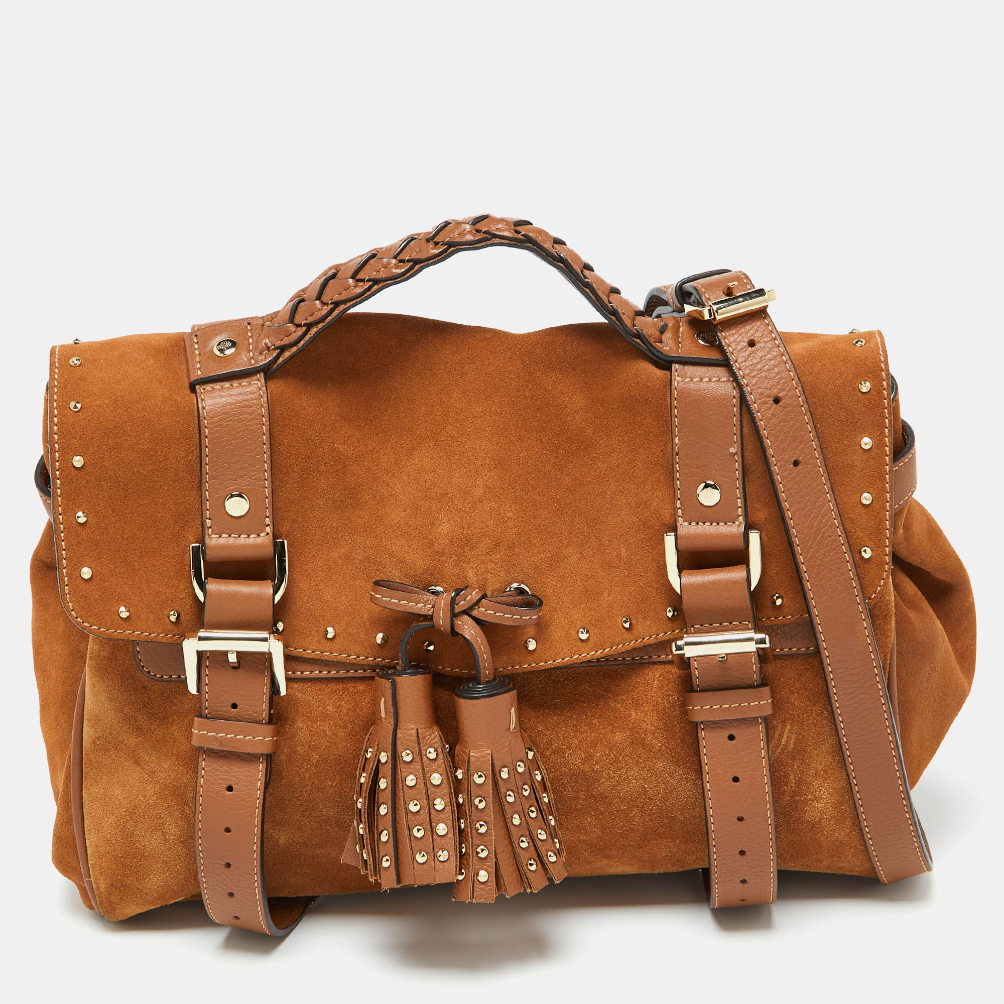 

Mulberry Brown Nubuck and Leather Studded Tassel Alexa Satchel