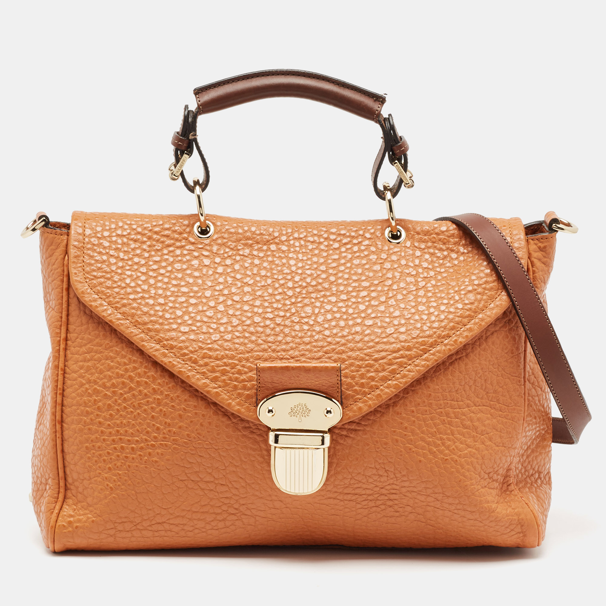 

Mulberry Orange Grained Leather Polly Push Lock Top Handle Bag