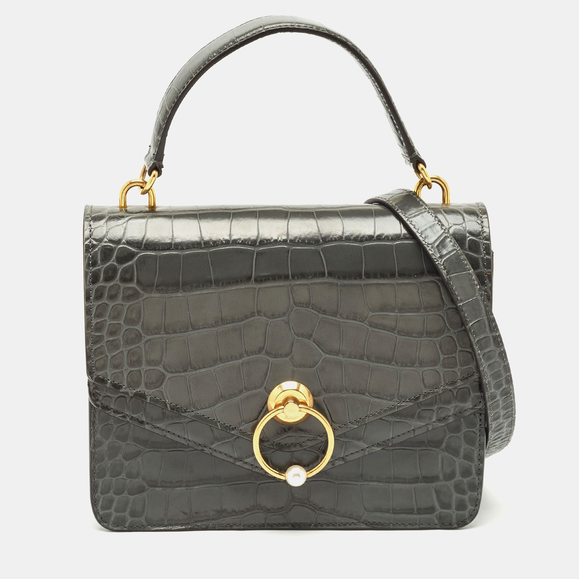 

Mulberry Grey Croc Embossed Leather Medium Harlow Top Handle Bag