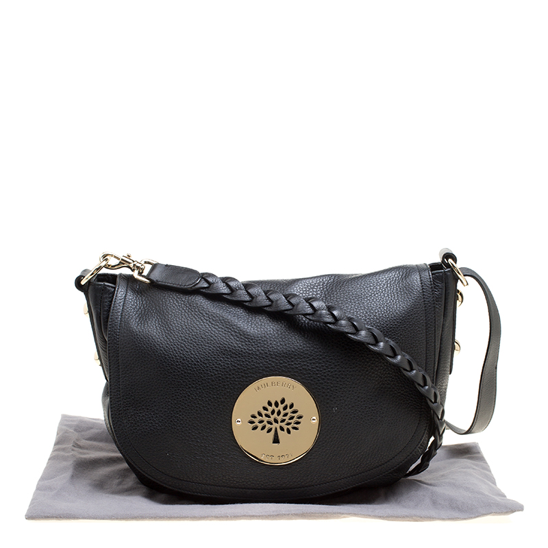 MULBERRY DARIA SATCHEL, black leather with gold tone hardware and iconic  logo at the front, detachable braided shoulder strap, front snap closure,  with dust bag, 33cm x 25cm H.