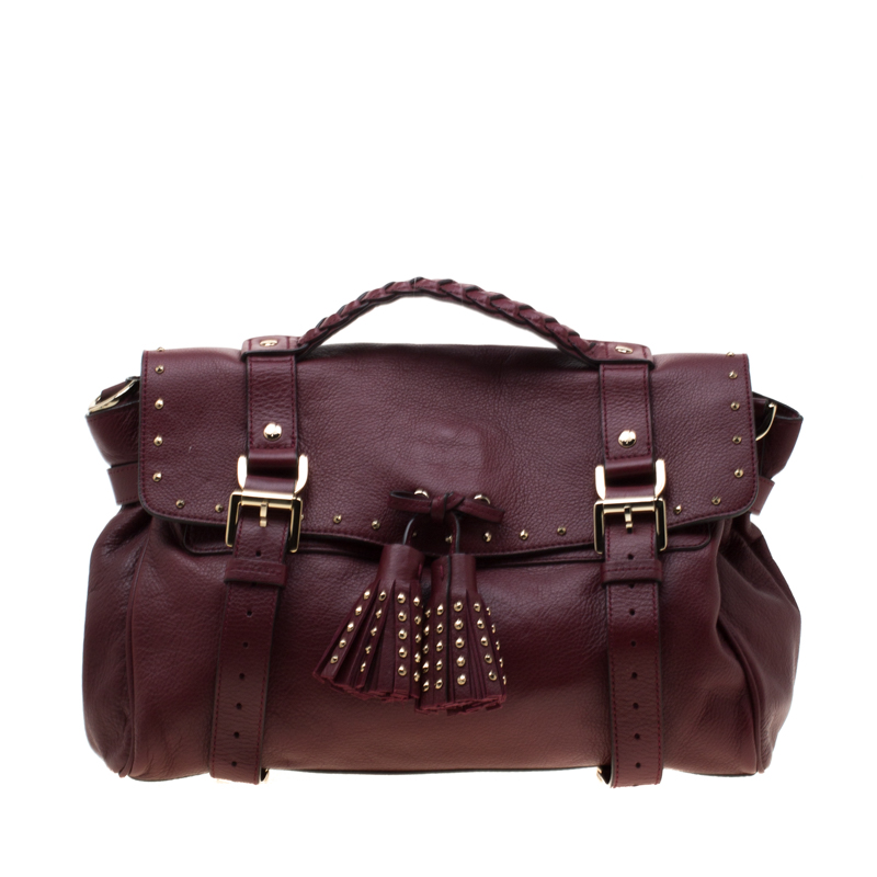 Pre Owned Mulberry Burgundy Leather Studded Tassel Alexa Satchel