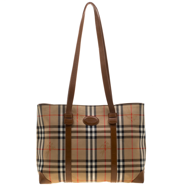 Pre Owned Burberry Beige/Brown Canvas and Leather Vintage Haymarket Check Tote