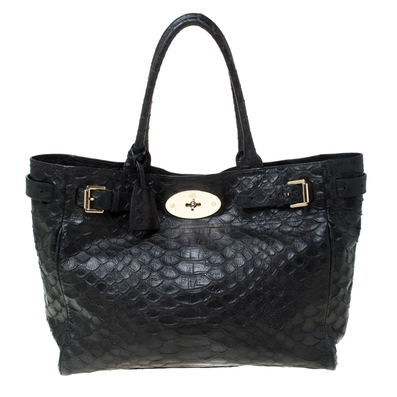 Pre Owned Mulberry Black Python Embossed Leather Bayswater Tote