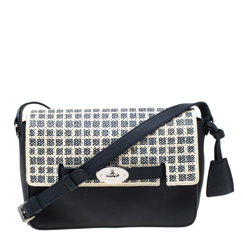 Pre Owned Mulberry Navy Blue/White Perforated Checkerboard Leather Bayswater Shoulder Bag 