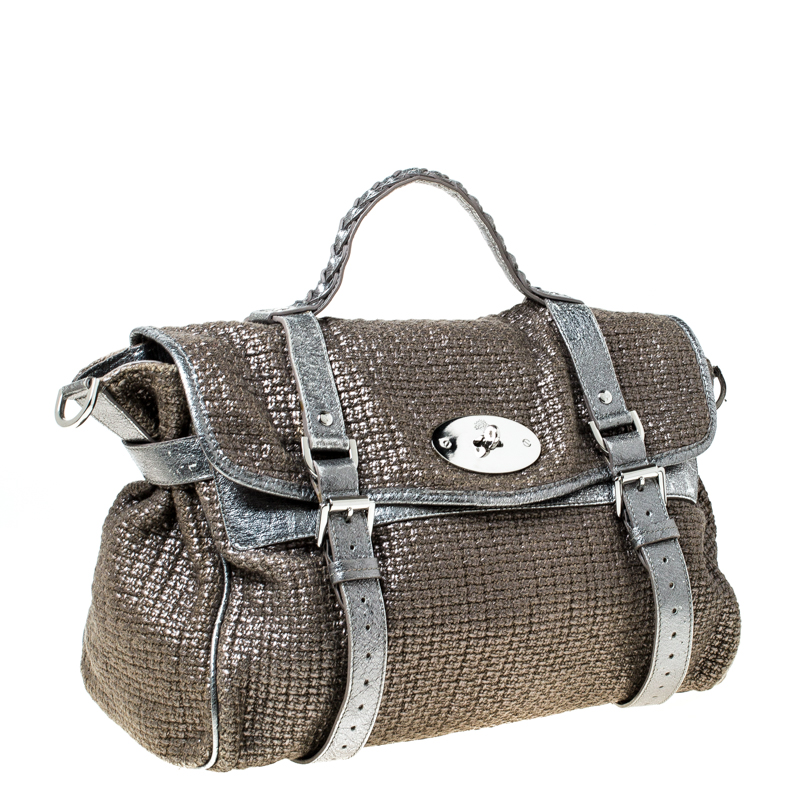 Pre Owned Mulberry Grey/Blue Metallic Woven Fabric and Leather Alexa Top Handle Bag