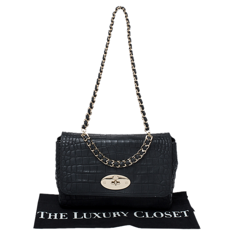 Mulberry Black Croc Embossed Leather Medium Lily Shoulder Bag