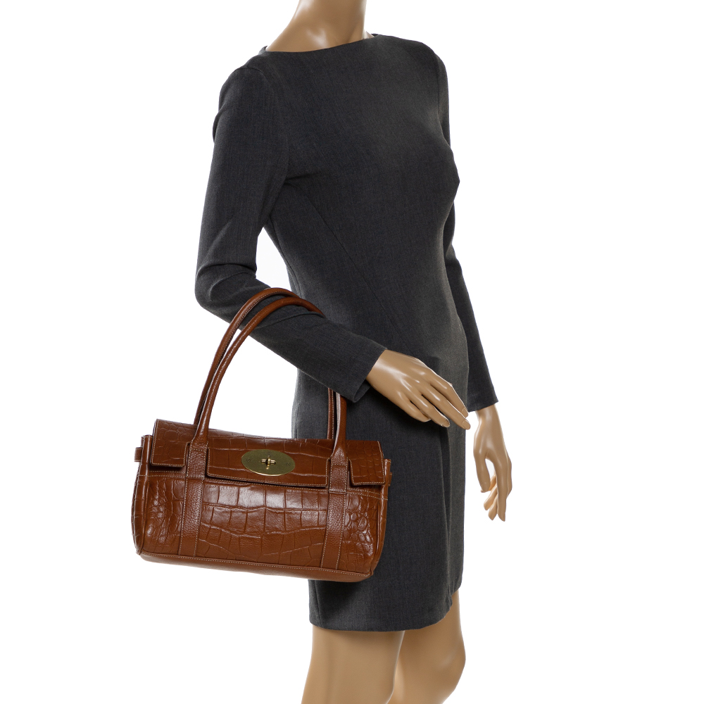 

Mulberry Brown Croc Embossed Leather East West Bayswater Satchel