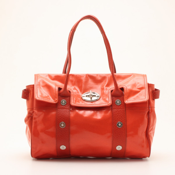 Pre Owned Mulberry Orange Patent Studded Bayswater Bag