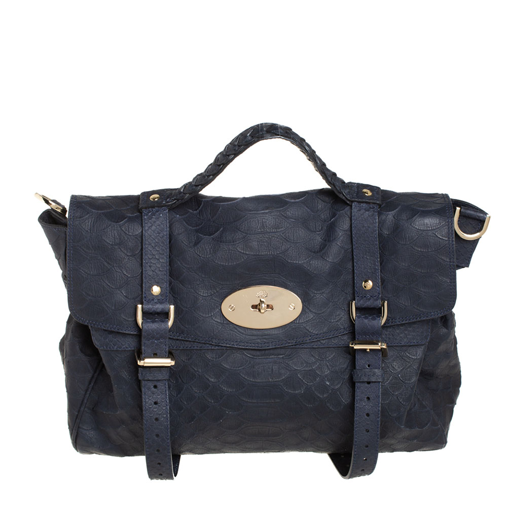 Pre-owned Mulberry Navy Blue Python Embossed Leather Oversized Alexa Satchel