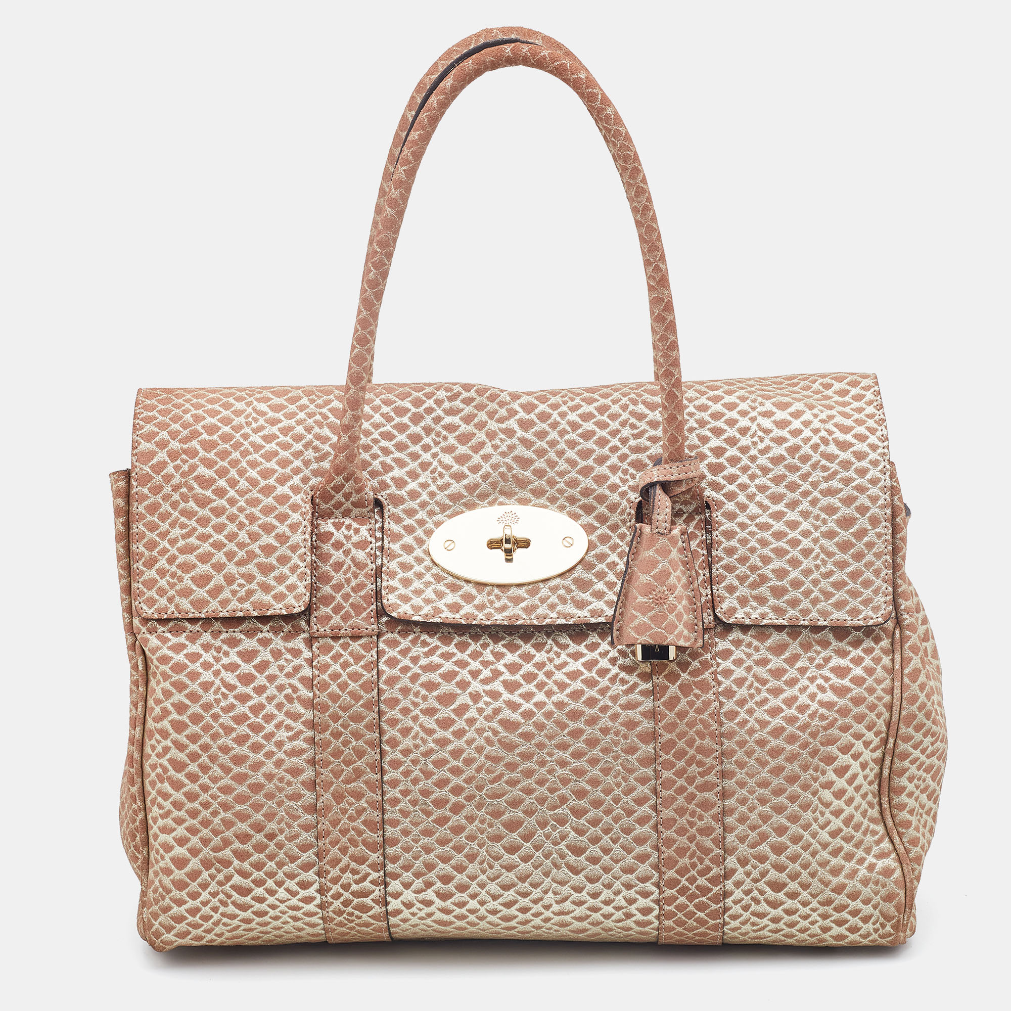 Pre-owned Mulberry Metallic Gold/beige Snake Embossed Suede Bayswater Satchel
