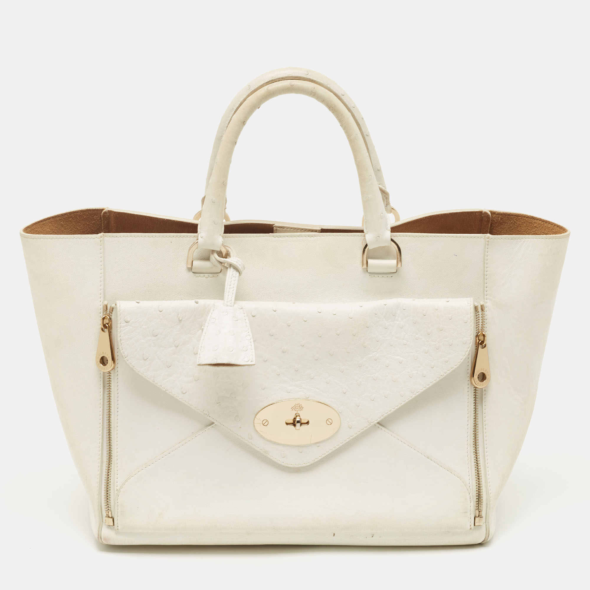 Pre-owned Mulberry White Ostrich Embossed And Leather Willow Tote