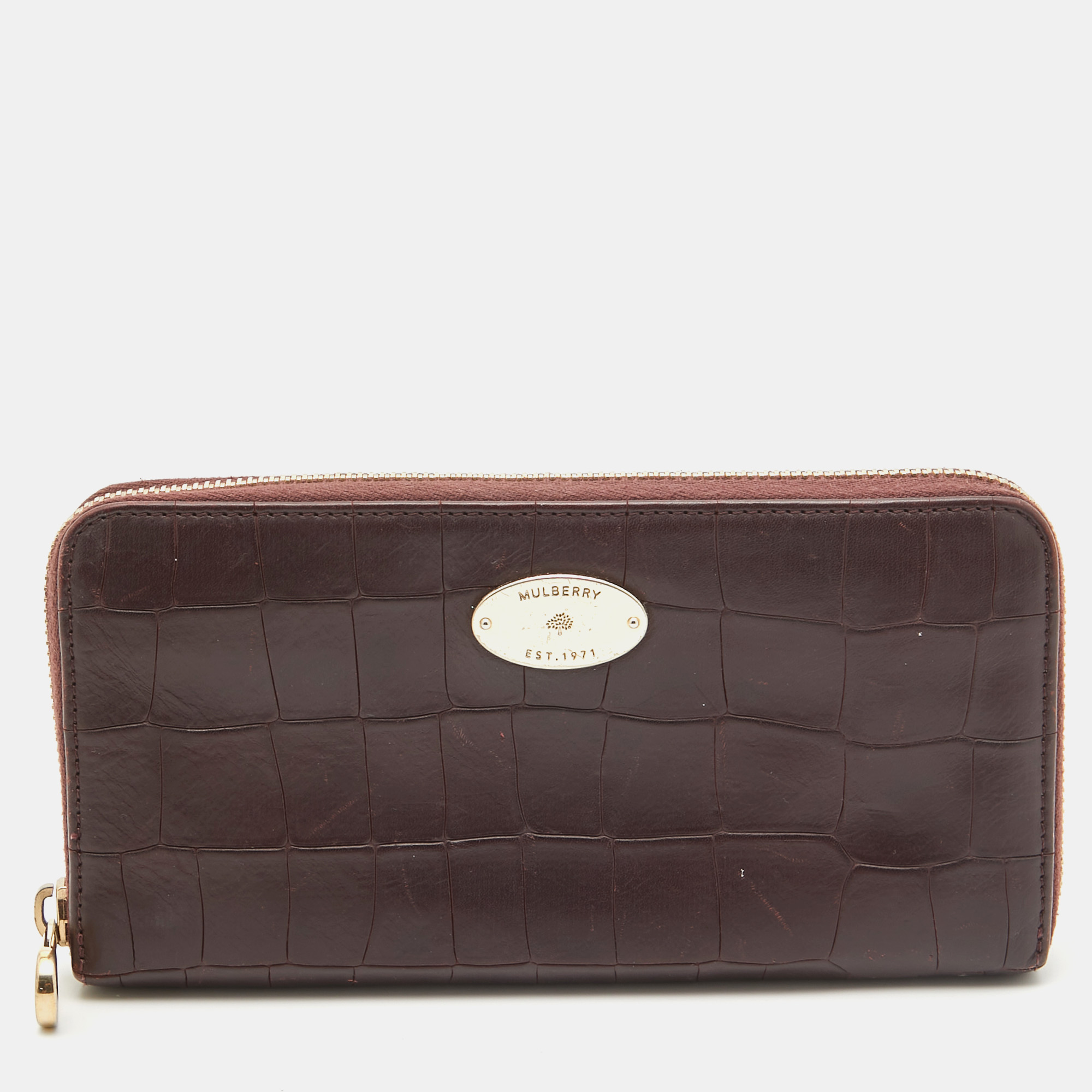 

Mulberry Burgundy Croc Embossed Leather Zip Around Continental Wallet