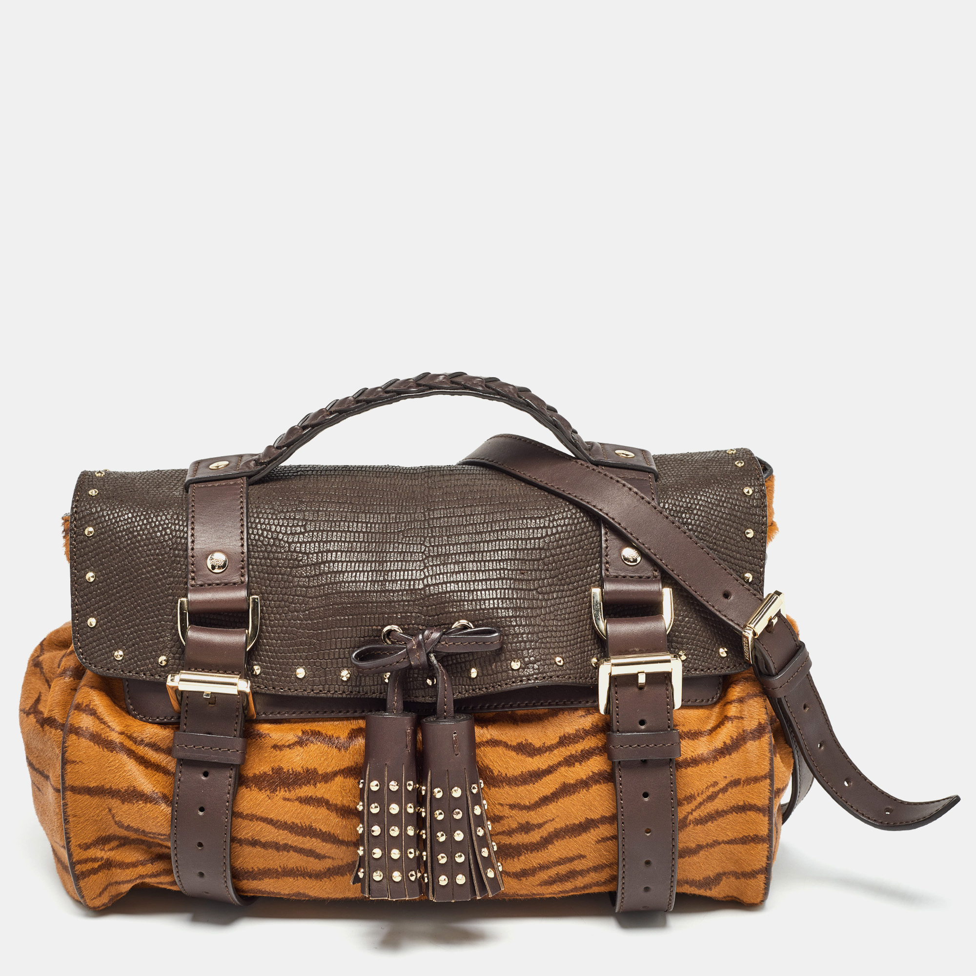 

Mulberry Two Tone Brown Tiger Print/Lizard Embossed Calf Hair and Leather Studded Tassel Alexa Satchel