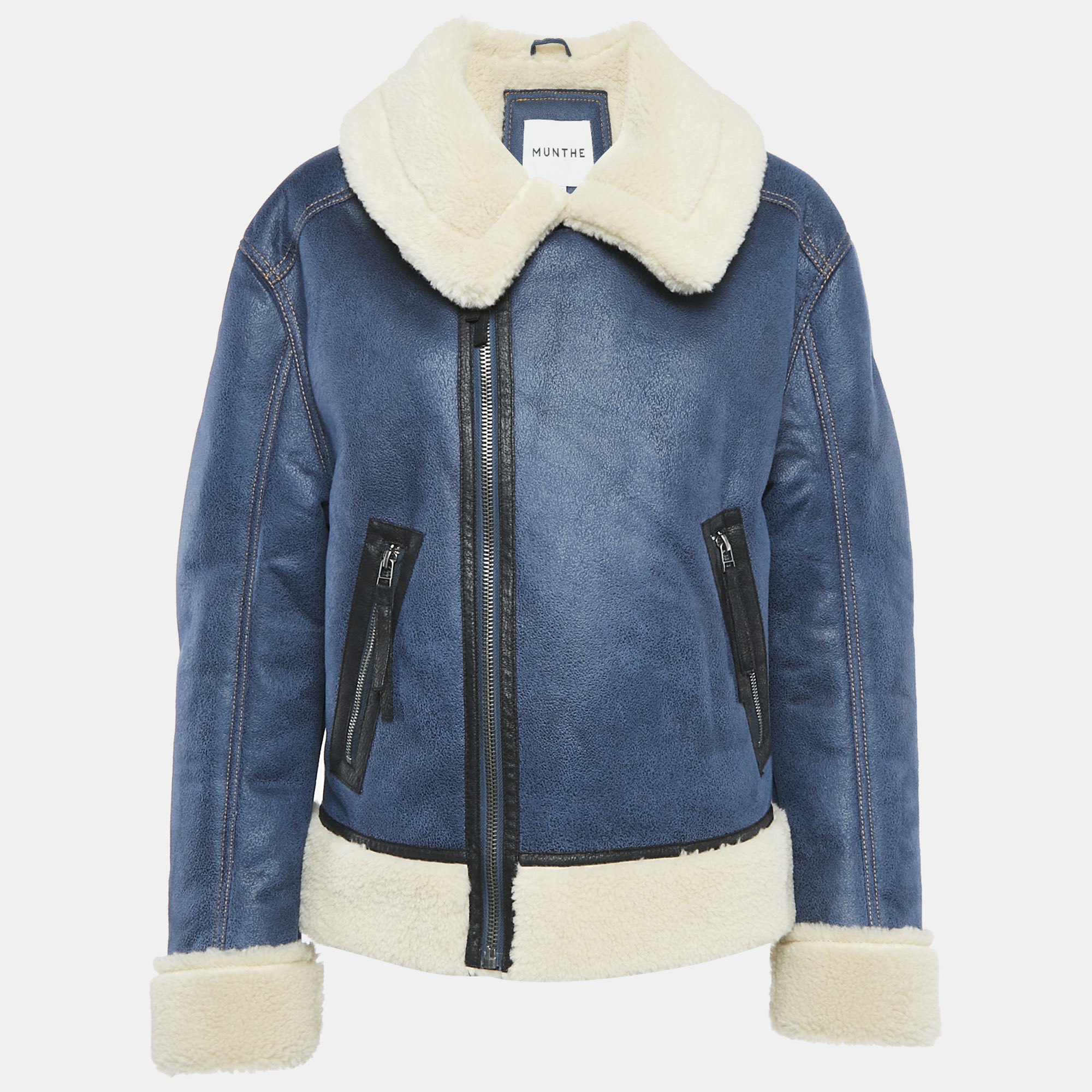 

Munthe Blue Shearling and Leather Tishia Jacket S