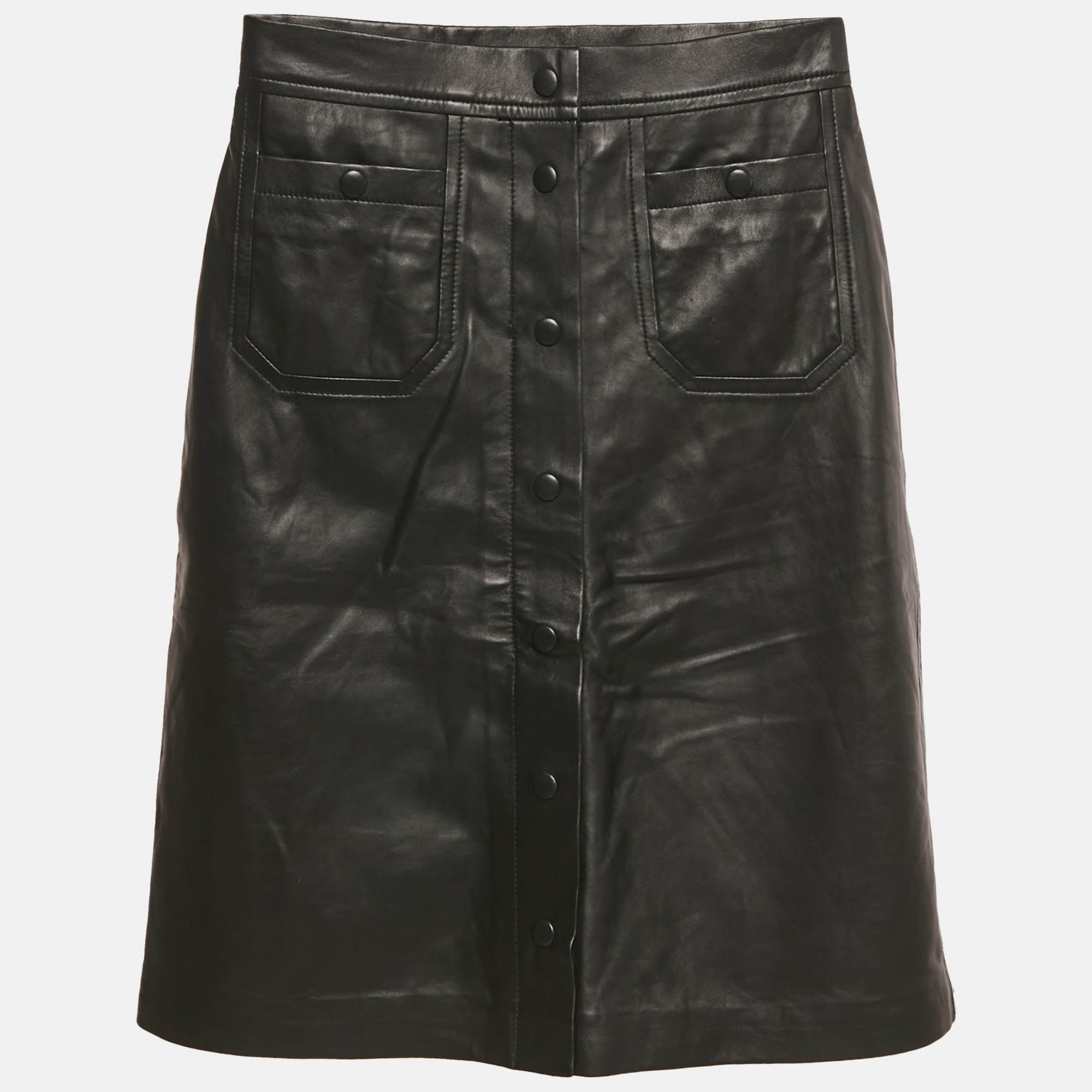 

Munthe Black Leather Button Front Skirt S