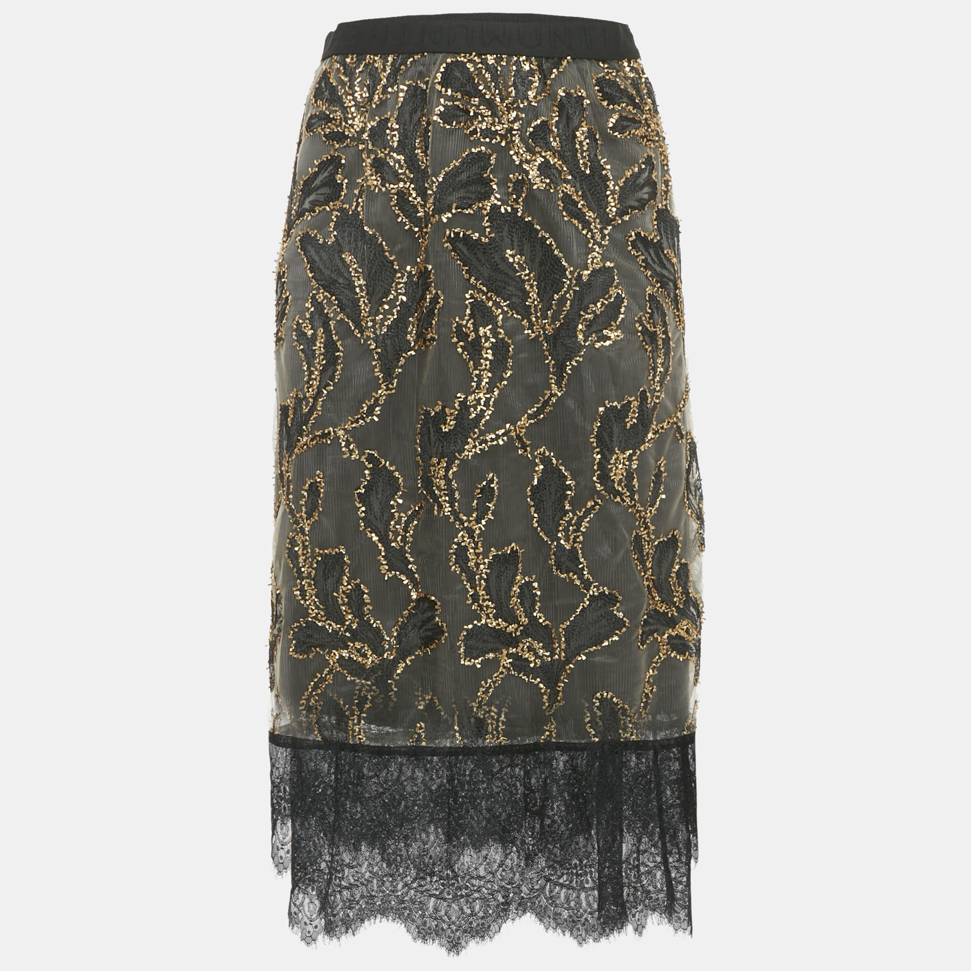 

Munthe Black/Gold Leaf Embroidered Lace Mini Skirt M
