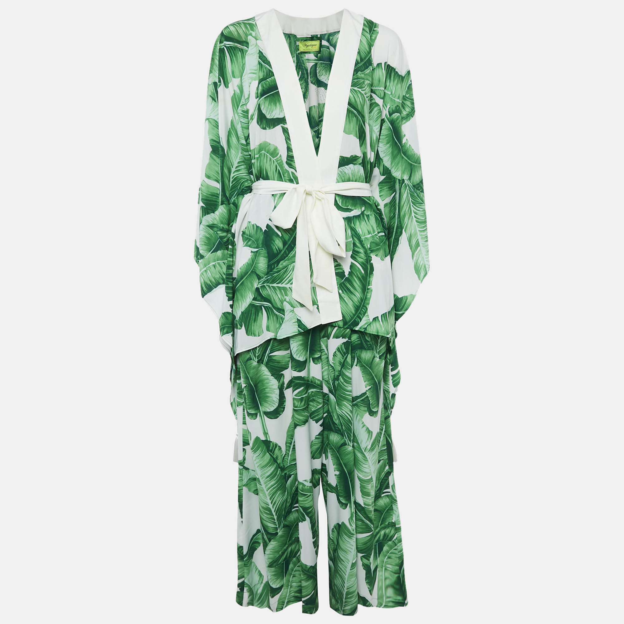 

Mystique Beach Green/White Leaf Print Kimono and Samui Pants Set S