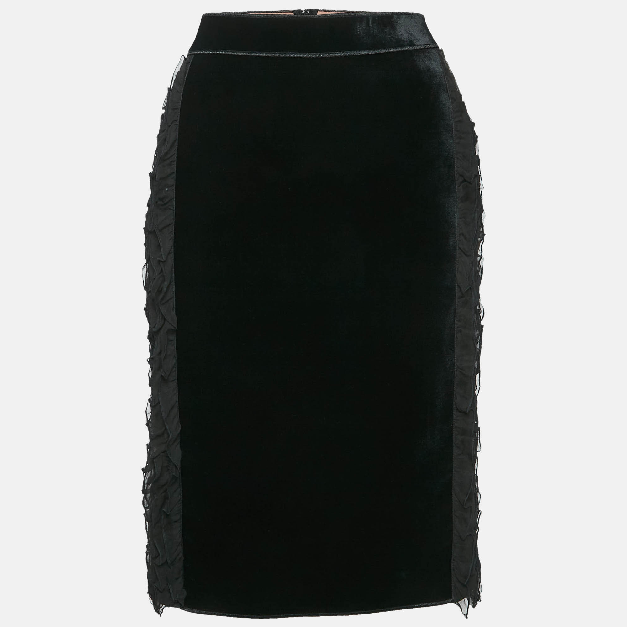 

Nº21 Black Silk and Velvet Ruffled Pencil Skirt M