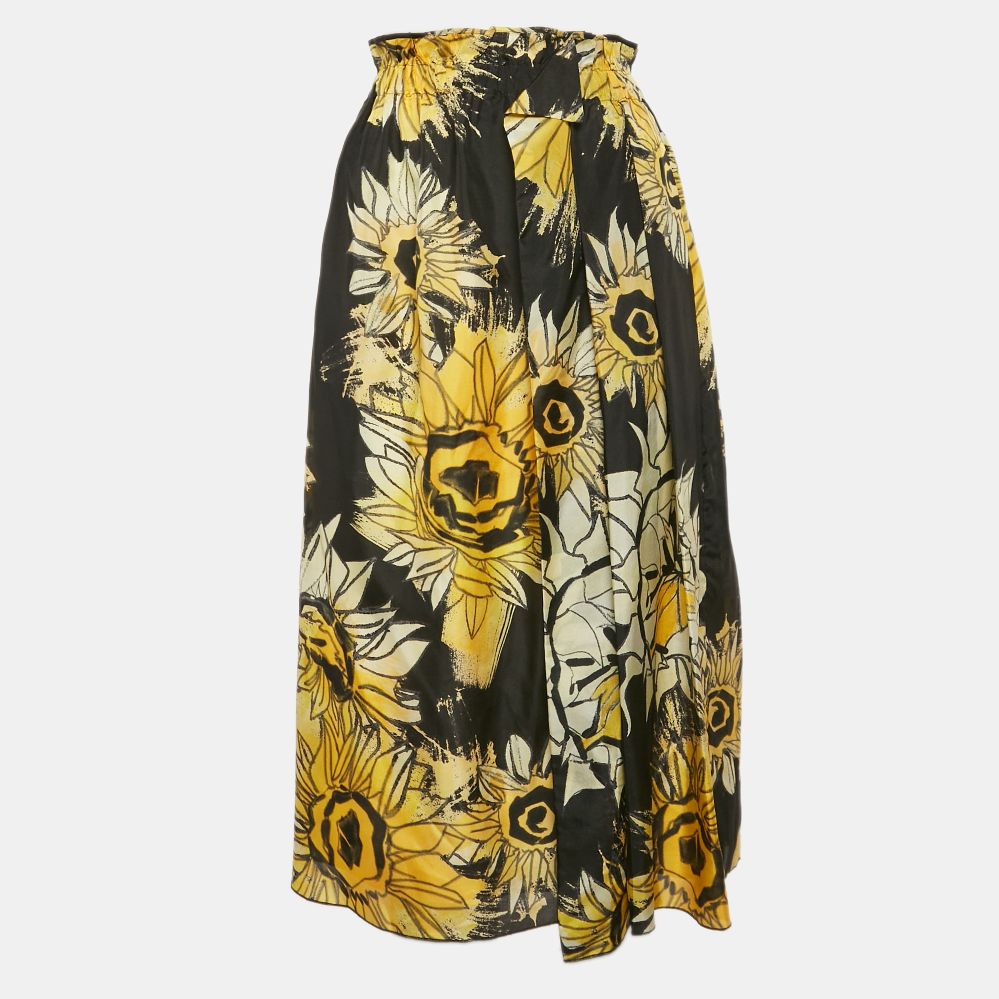 

Nº21 Black Sunflower Print Silk Ruffled Midi Skirt M