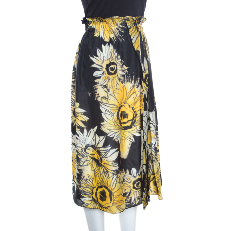 

N21 Black and Yellow Sunflower Printed Silk Asymmetric Pleat Detail Midi Skirt