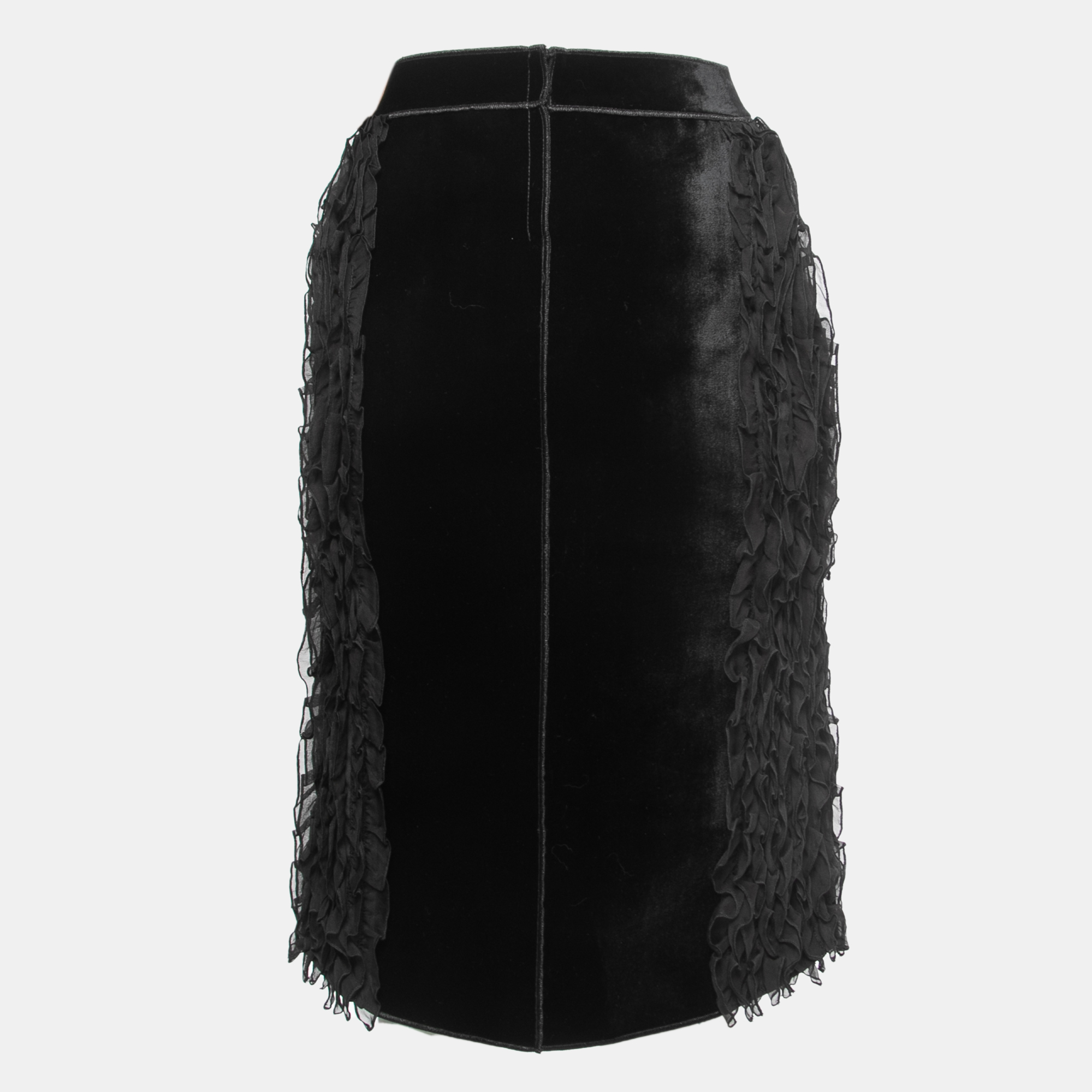 

Nº21 Black Velvet Ruffle Trimmed Knee Length Skirt