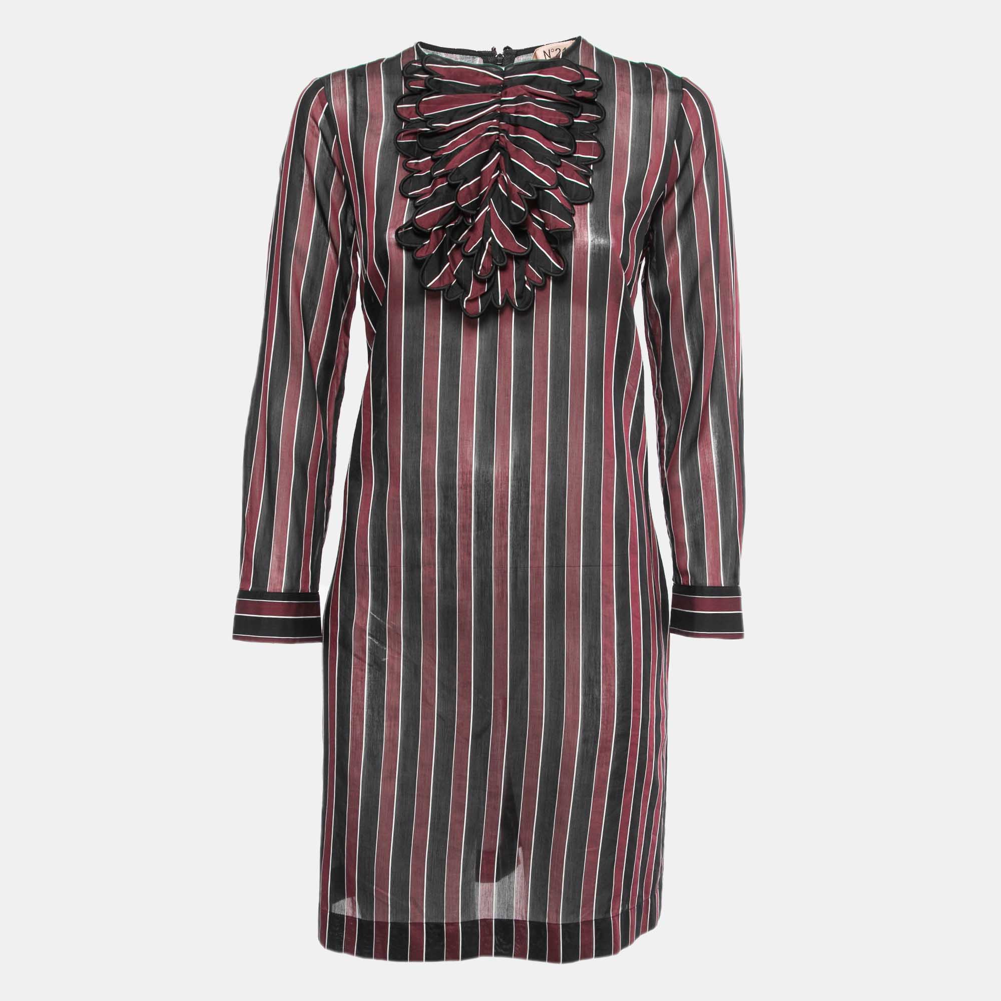 

N21 Burgundy/Black Striped Cotton Blend Long Sleeve Short Dress