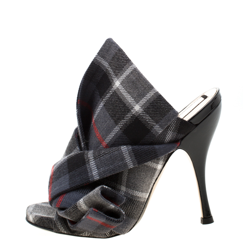 

N21 Multicolor Wool Blend Plaid Fabric Knotted Sandals, Grey