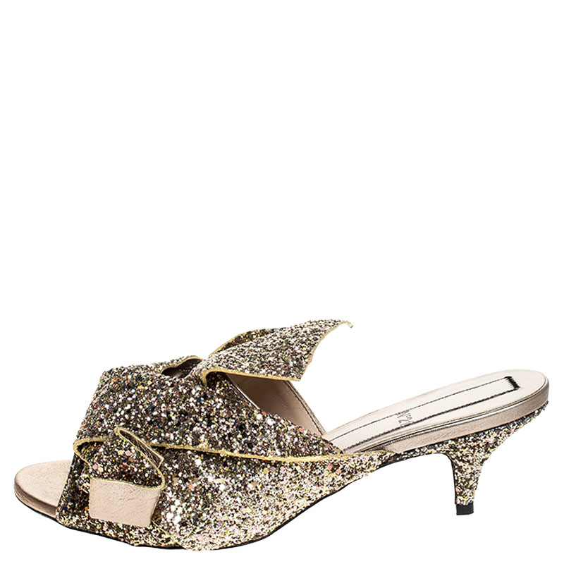 

N21 Gold Coarse Glitter Bow Open Toe Sandals Size
