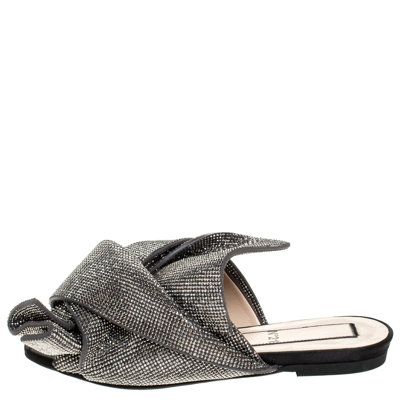 

N21 Metallic Brown Leather Crystal Embellished Bow Mules Size