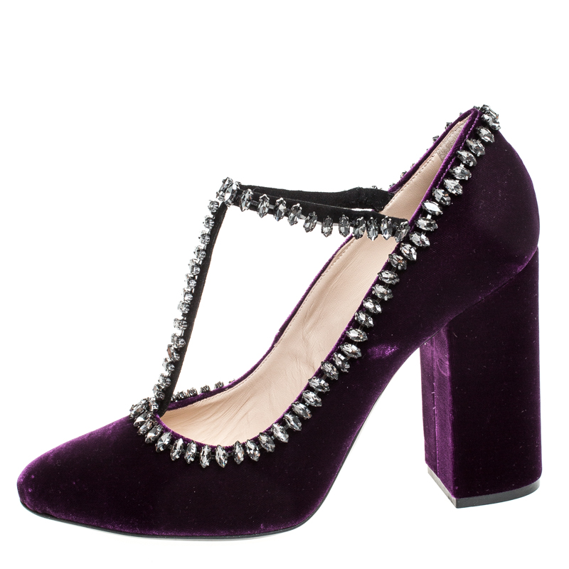 

N°21 Purple Velvet Crystal Embellished T-Bar Pumps Size