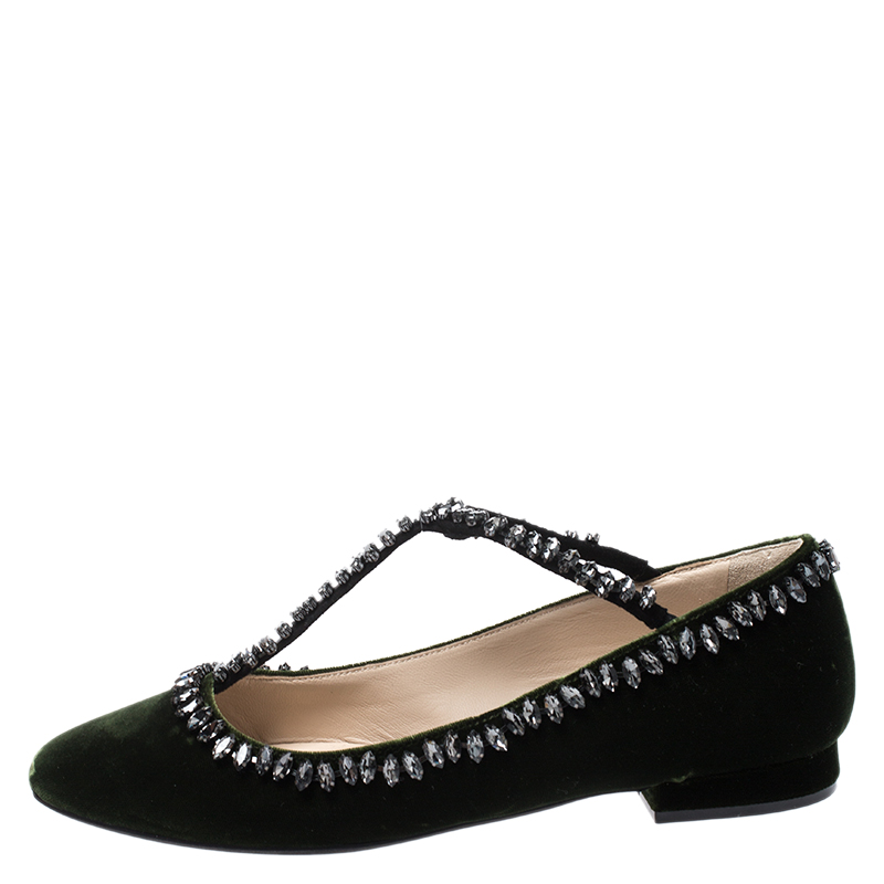 

N°21 Green Velvet Crystal Embellished T-Bar Ballet Flats Size