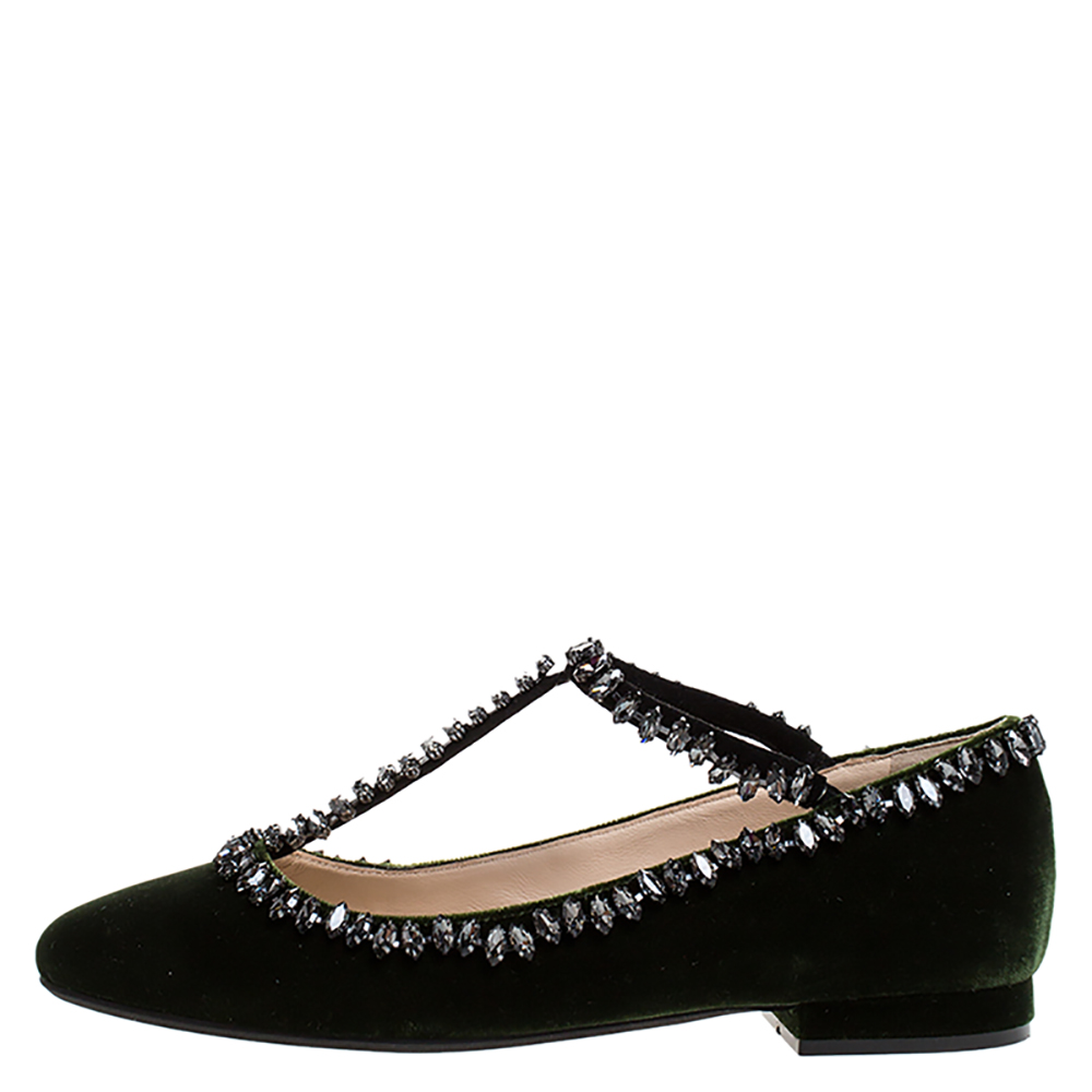 

N21 Dark Green Velvet Crystal Embellished T-Bar Ballet Flats Size