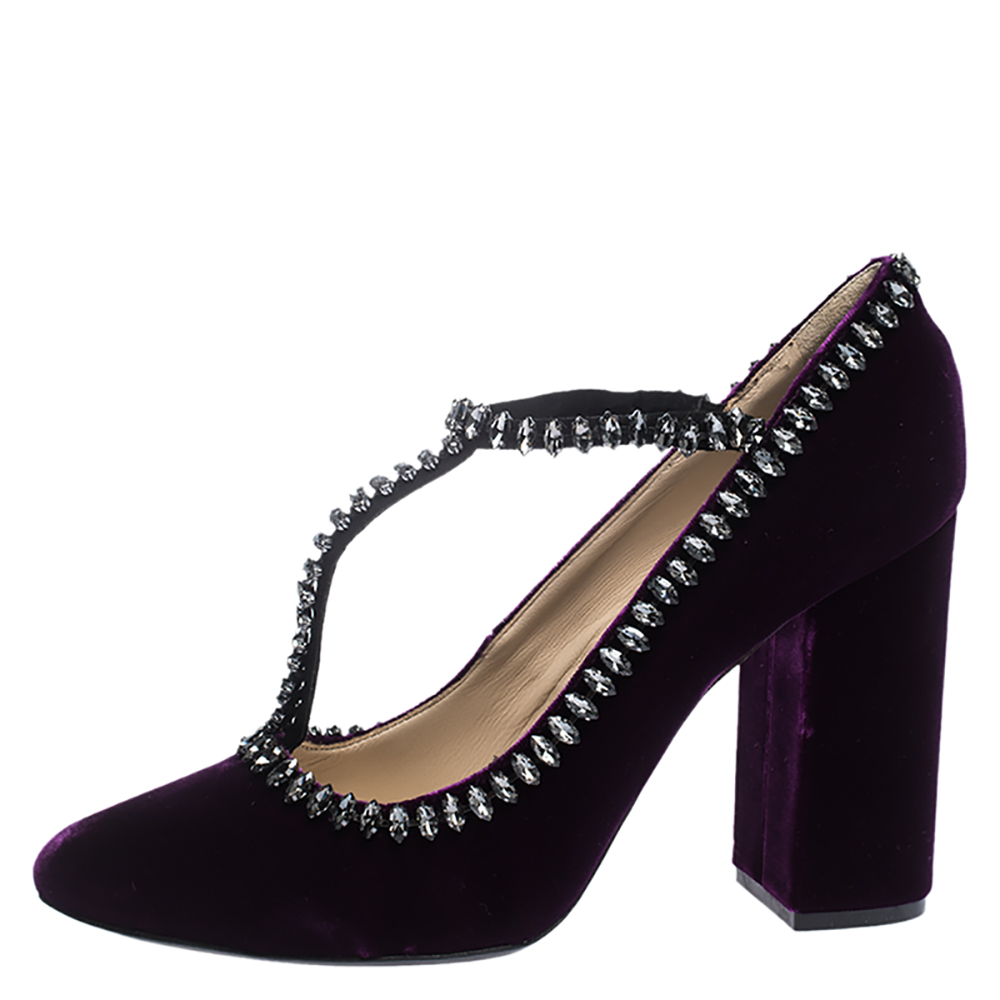 

N°21 Purple Velvet Crystal Embellished T Strap Block Heel Pumps Size