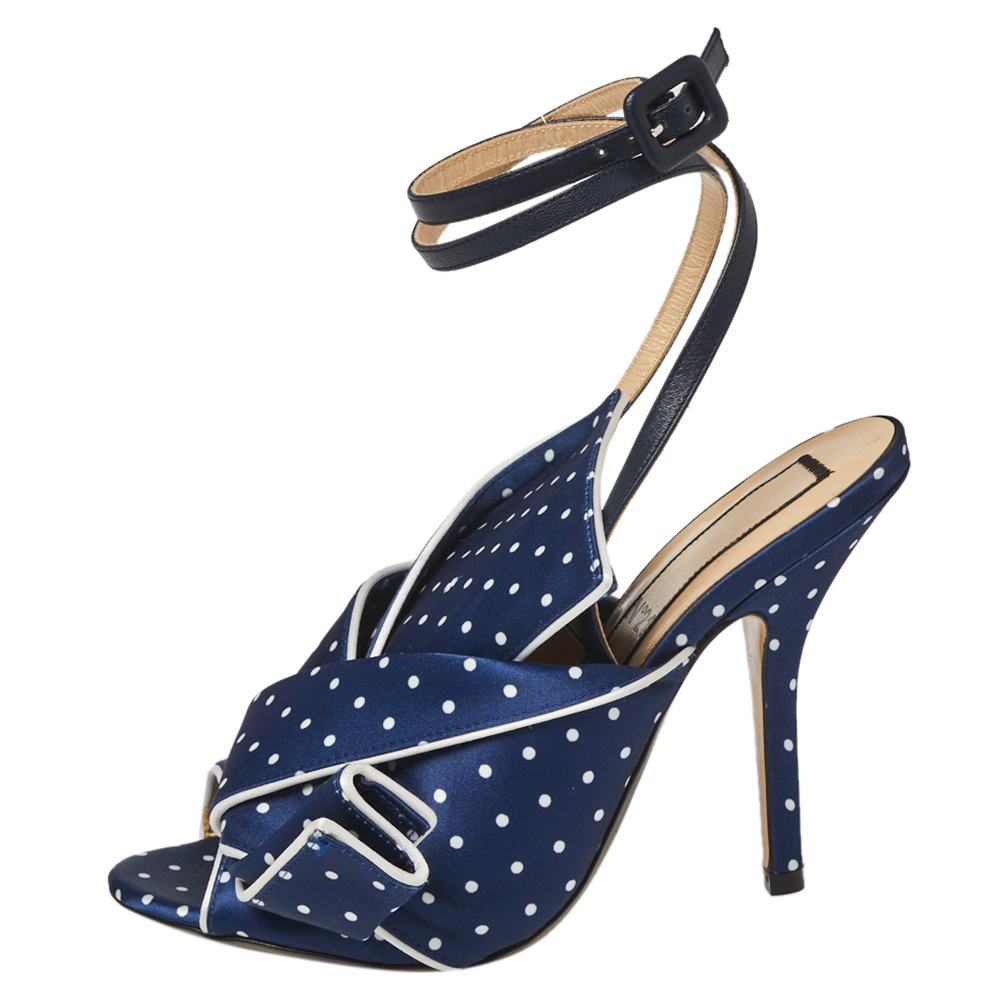 

N21 Blue/White Knotted Polka Dot Fabric Gingham Ankle Wrap Peep Toe Sandals Size