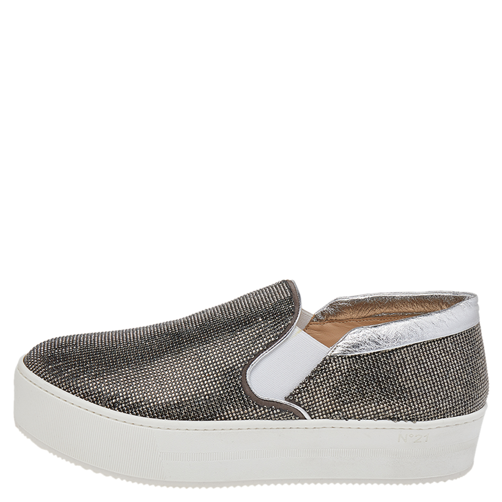 

N21 Silver Crystal Embellished Suede Slip On Sneakers Size