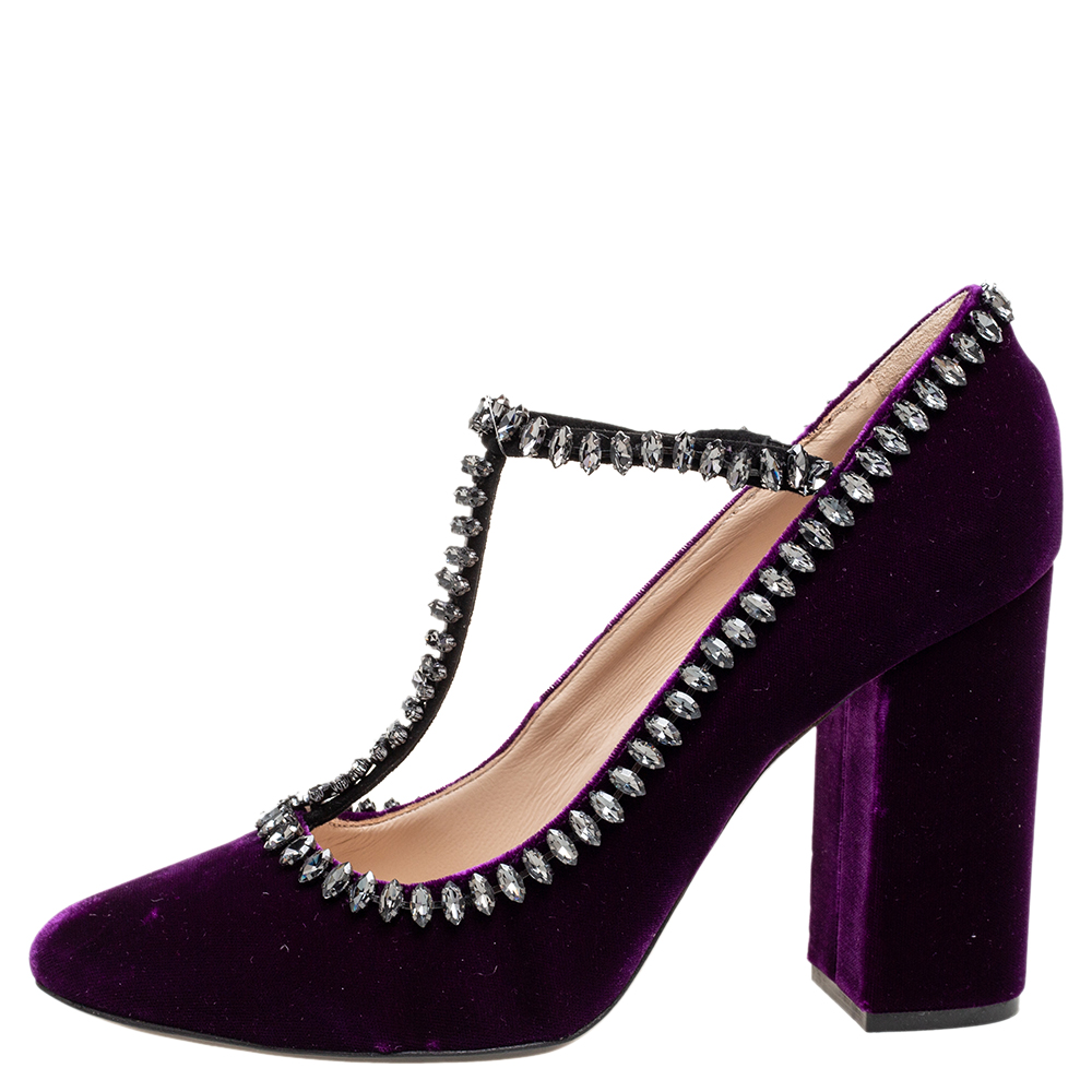 

N°21 Purple Velvet Crystal Embellished T-Bar Pumps Size