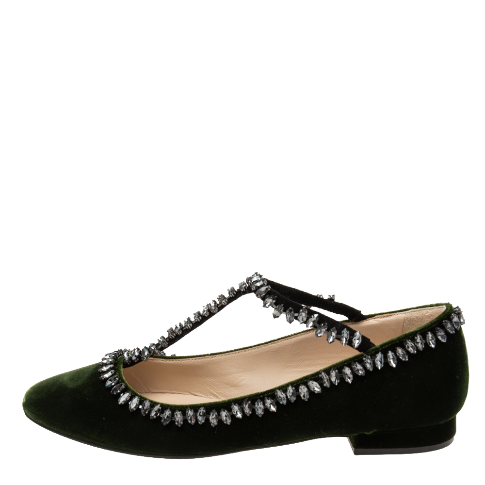 

N21 Dark Green Velvet Crystal Embellished T-Bar Ballet Flats Size
