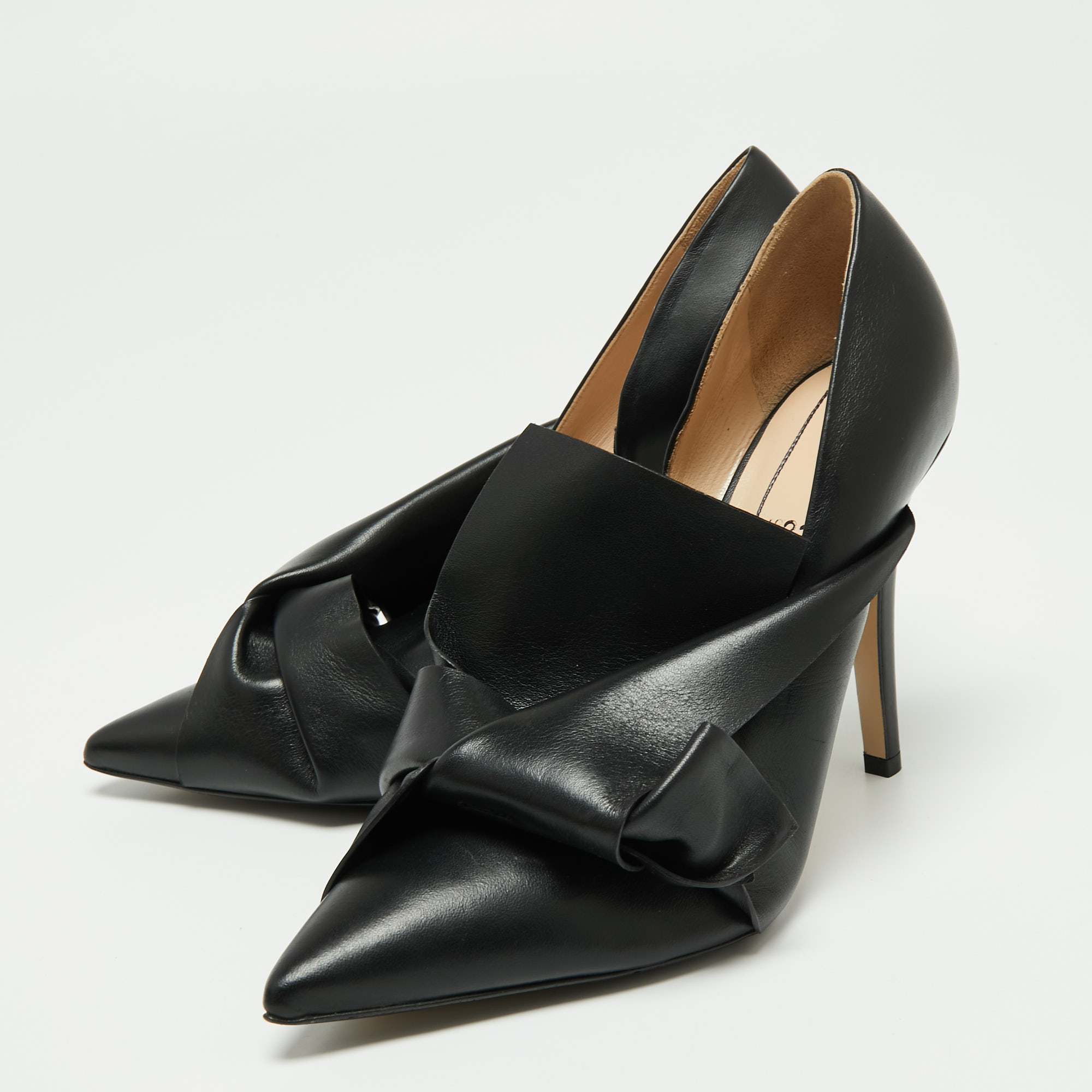 

N21 Black Leather Knot D'orsay Pointed Toe Pumps Size