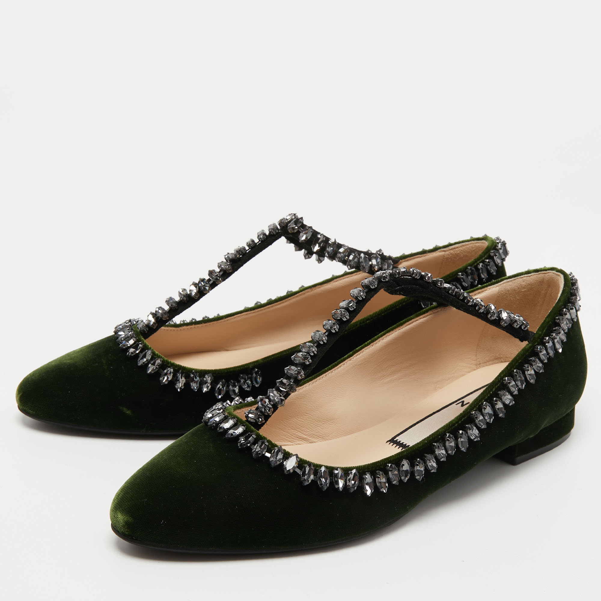 

N21 Dark Green Velvet Crystal Embellished T-Bar Ballet Flats Size