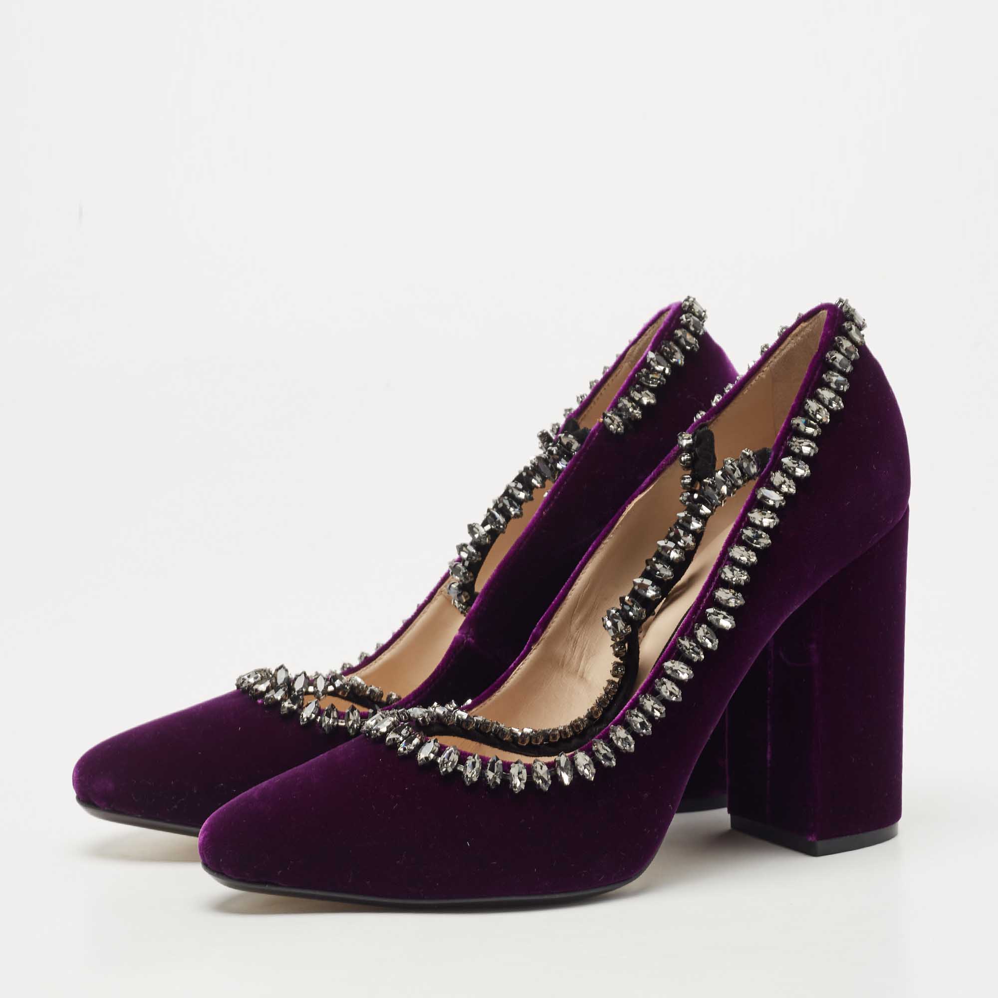

N21 Purple Velvet Crystal Embellished T Strap Block Heel Pumps Size