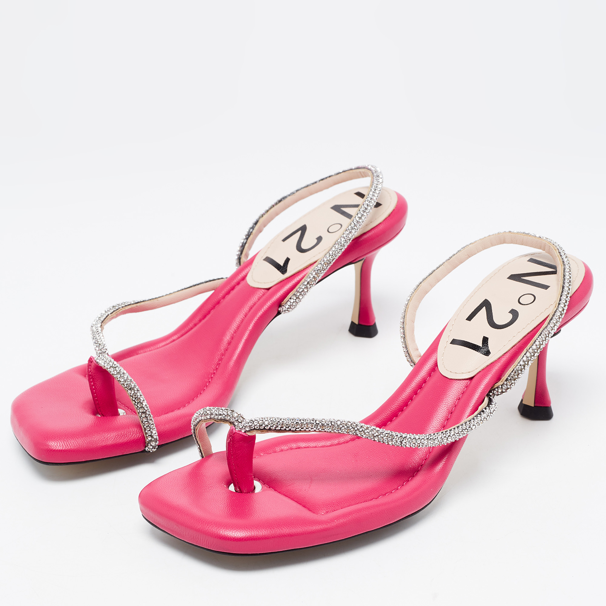 

N21 Pink/Silver Crystal Embellished Leather Thong Sandals Size