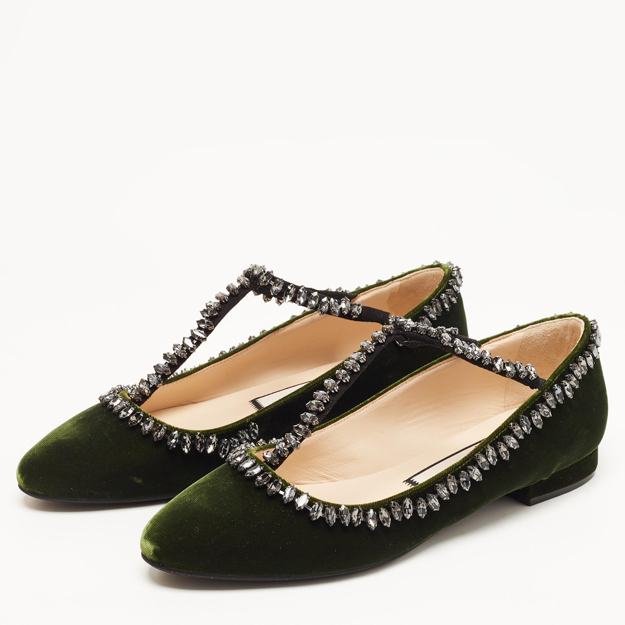 

N21 Dark Green Velvet Crystal Embellished T-Bar Ballet Flats Size