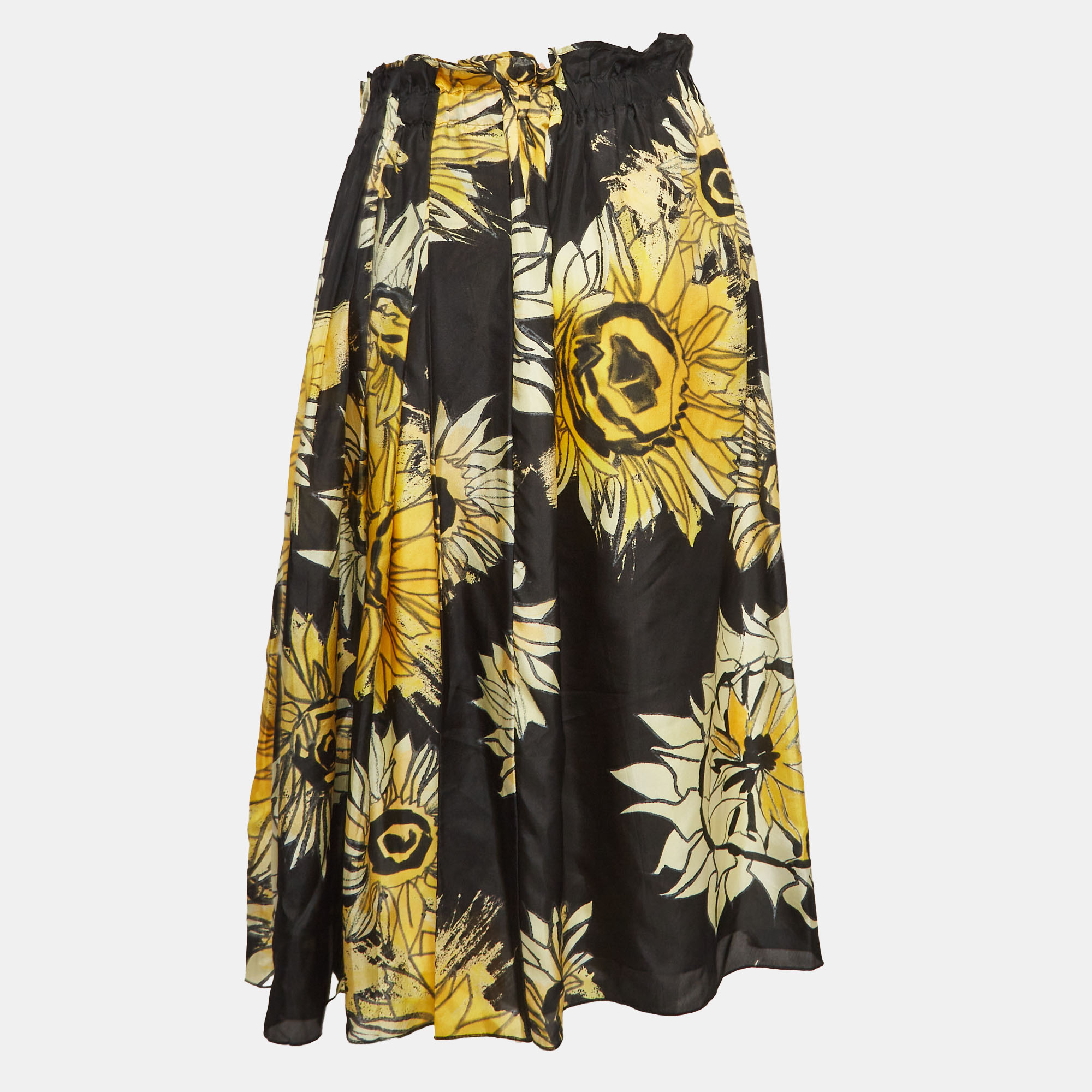 

Nº21 Black Floral Print Silk Gathered Midi Skirt M