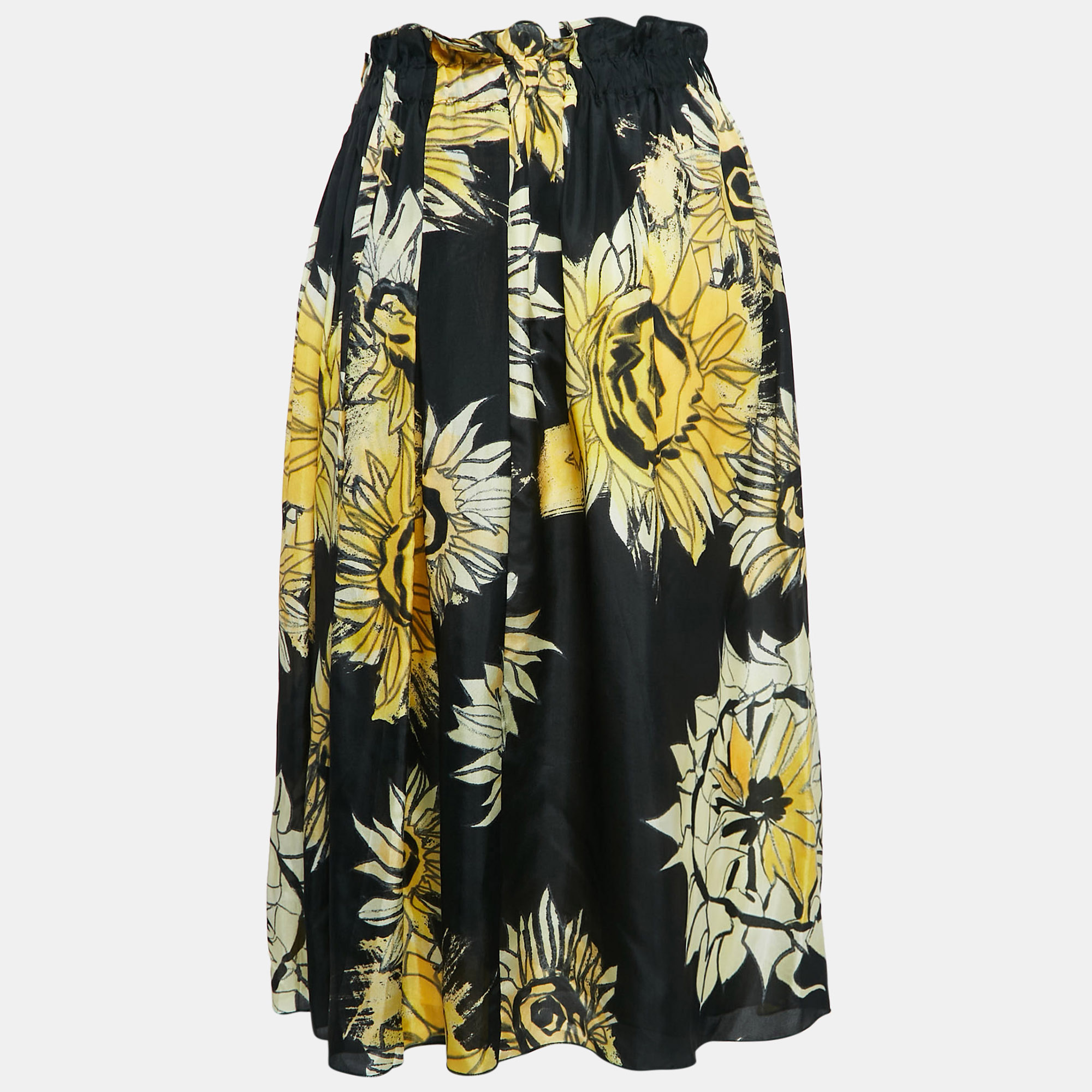 

Nº21 Black Floral Print Silk Gathered Midi Skirt M