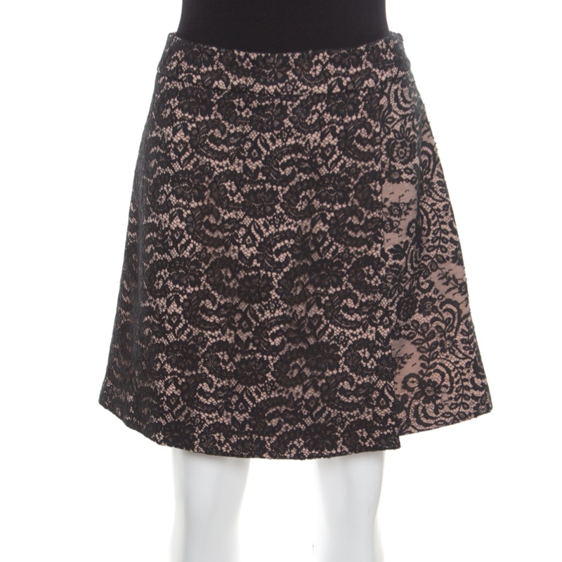 Pre Owned N21 Black and Pink Floral Lace Faux Wrap Mini Skirt M