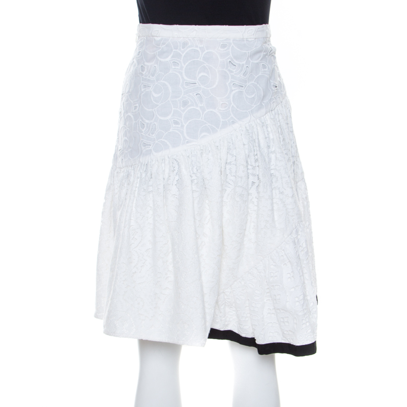 Pre-owned N°21 White Cotton Lace Paneled A Line Skirt S