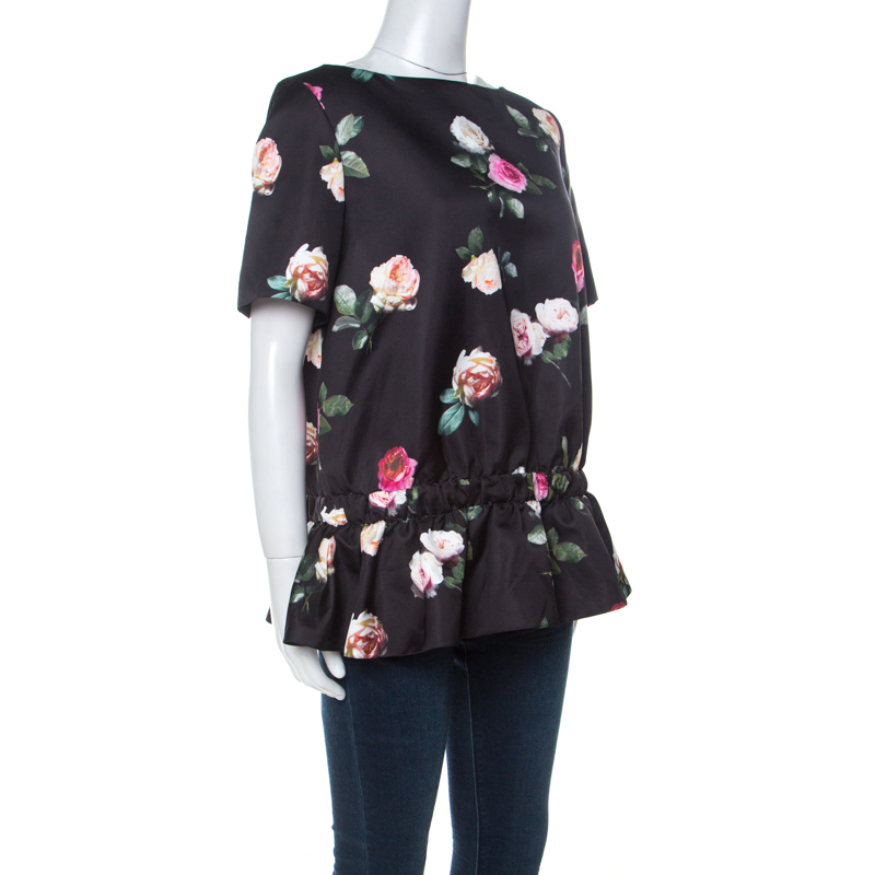 

N21 Black Floral Printed Silk Short Sleeve Peplum Top