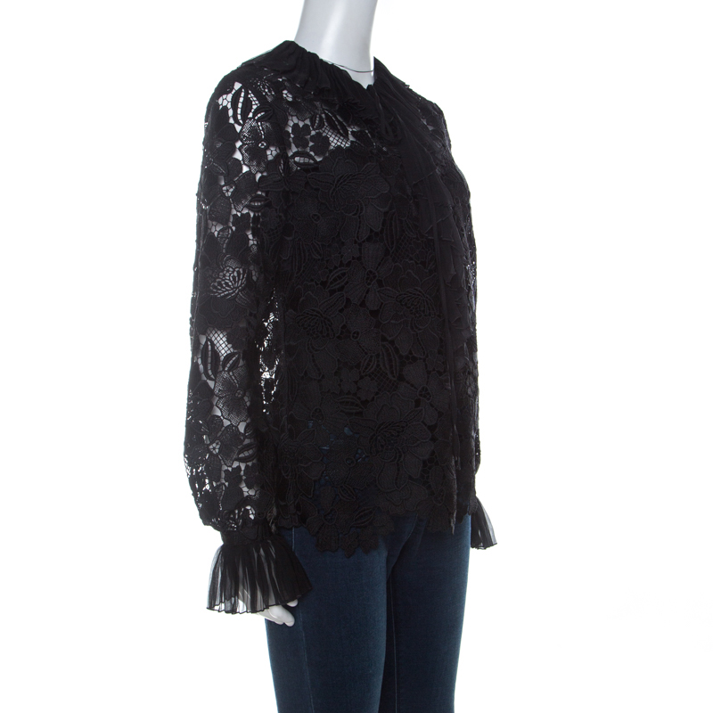 

N21 Black Guipure Lace Pleated Ruffle Detail Long Sleeve Top