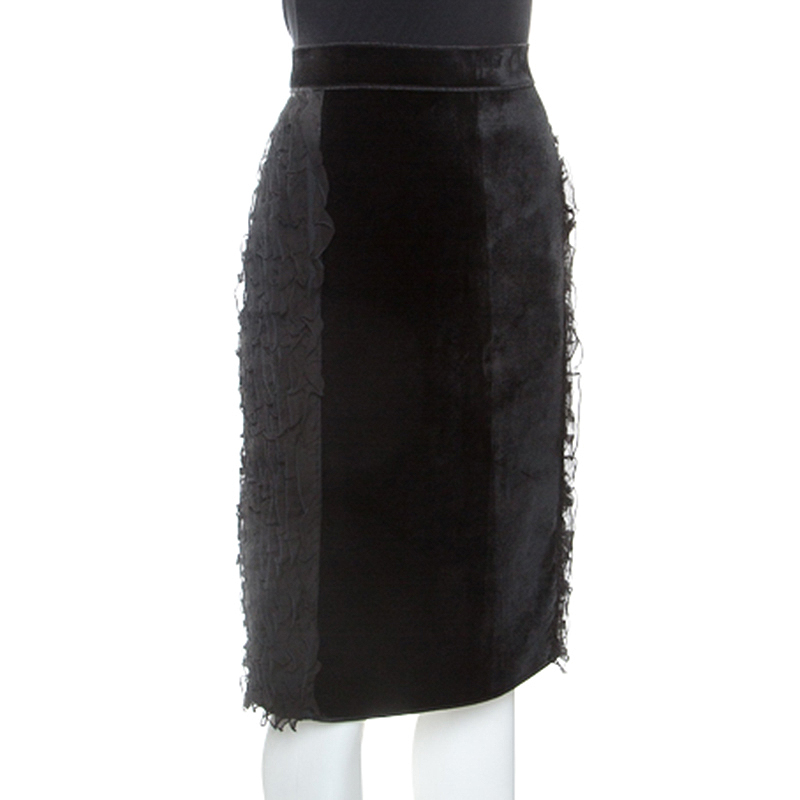 

N21 Black Velvet Ruffle Trim Sheath Skirt