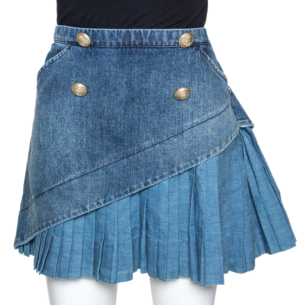 N21 Indigo Denim Asymmetric Pleated Mini Skirt M